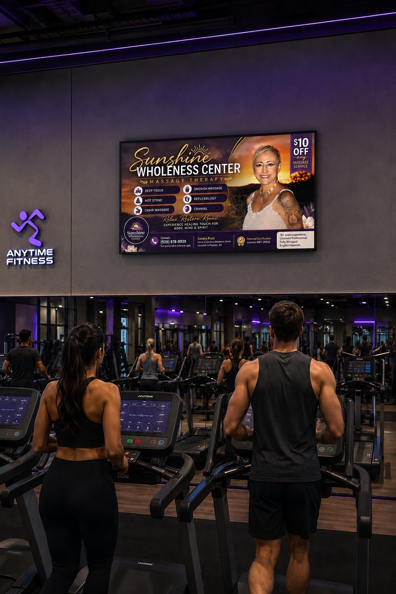 Full-screen AdSync TV ad inside Anytime Fitness gym showing local business advertisement on 55 inch TV