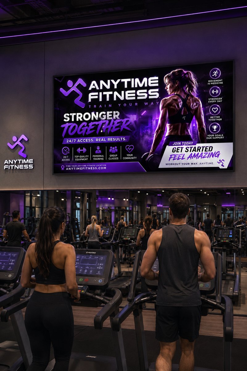 Full-screen AdSync TV inside Anytime Fitness gym displaying full-color advertisement on large screen TV