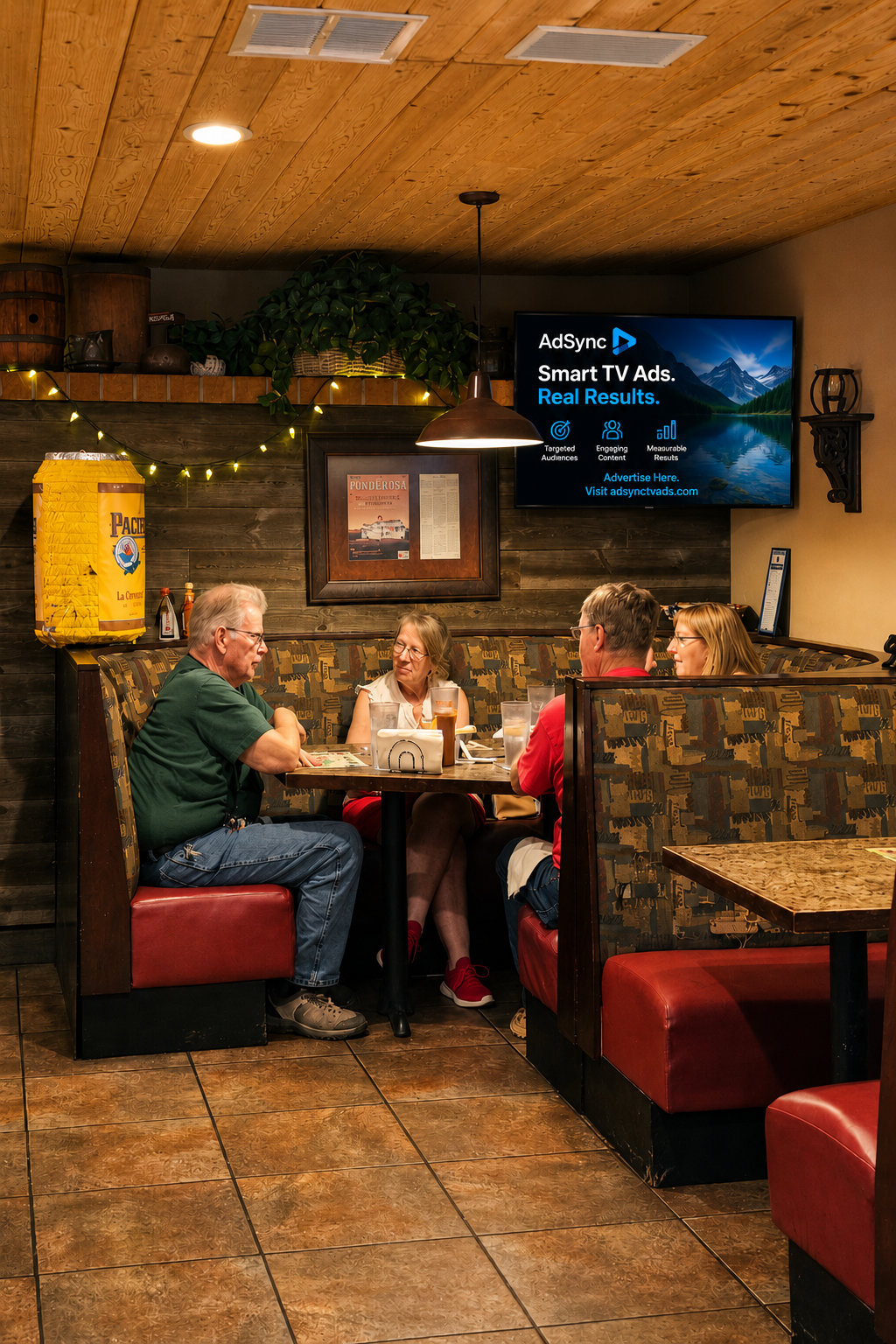 AdSync screen in the dining room at El Rancho Mexican Restaurant in Payson AZ with customers dining