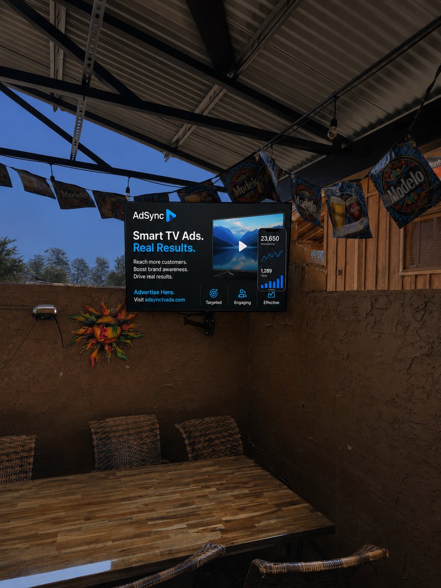 AdSync digital advertising screen installed on the outdoor patio at El Rancho Mexican Restaurant in Payson AZ