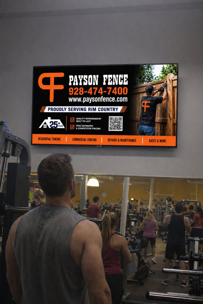 AdSync digital screen in a local gym displaying Payson Fence advertisement with QR code