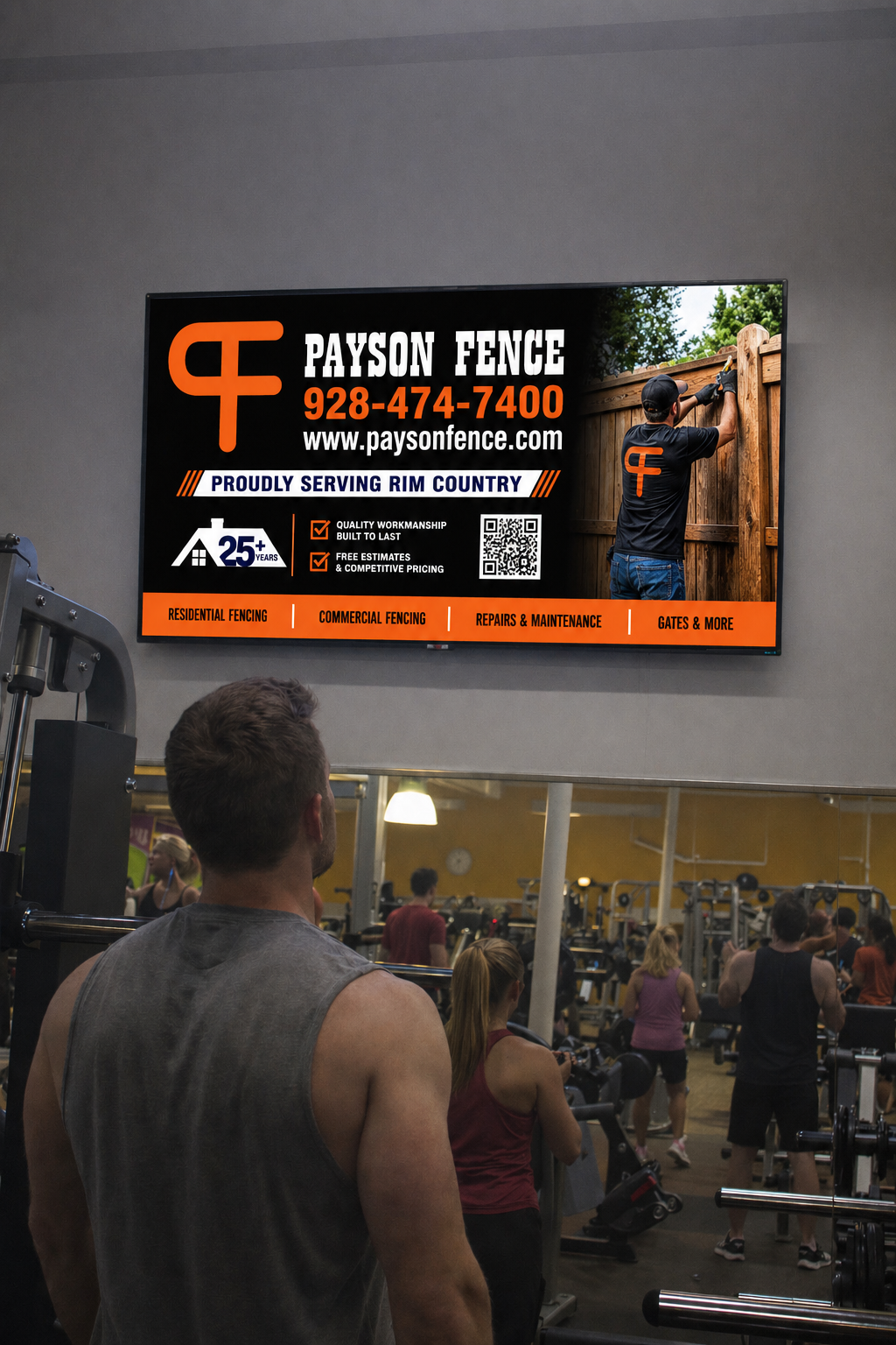 AdSync digital screen in a local gym displaying Payson Fence advertisement with QR code